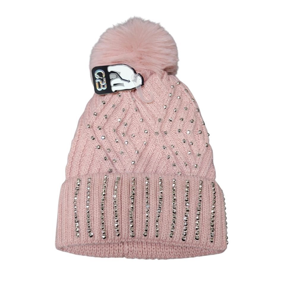 Pink Knit Beanie with Pom Pom and Rhinestones